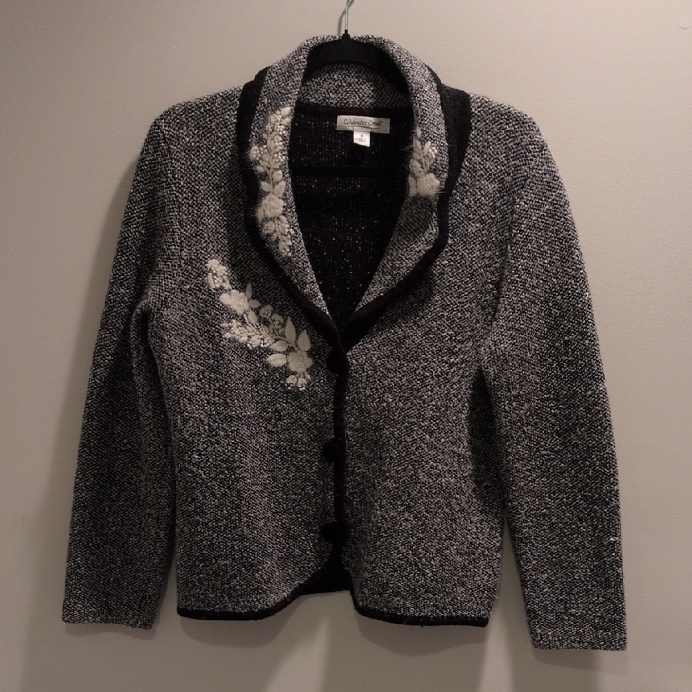 Coldwater Creek Black and White Cardigan with Floral Accents